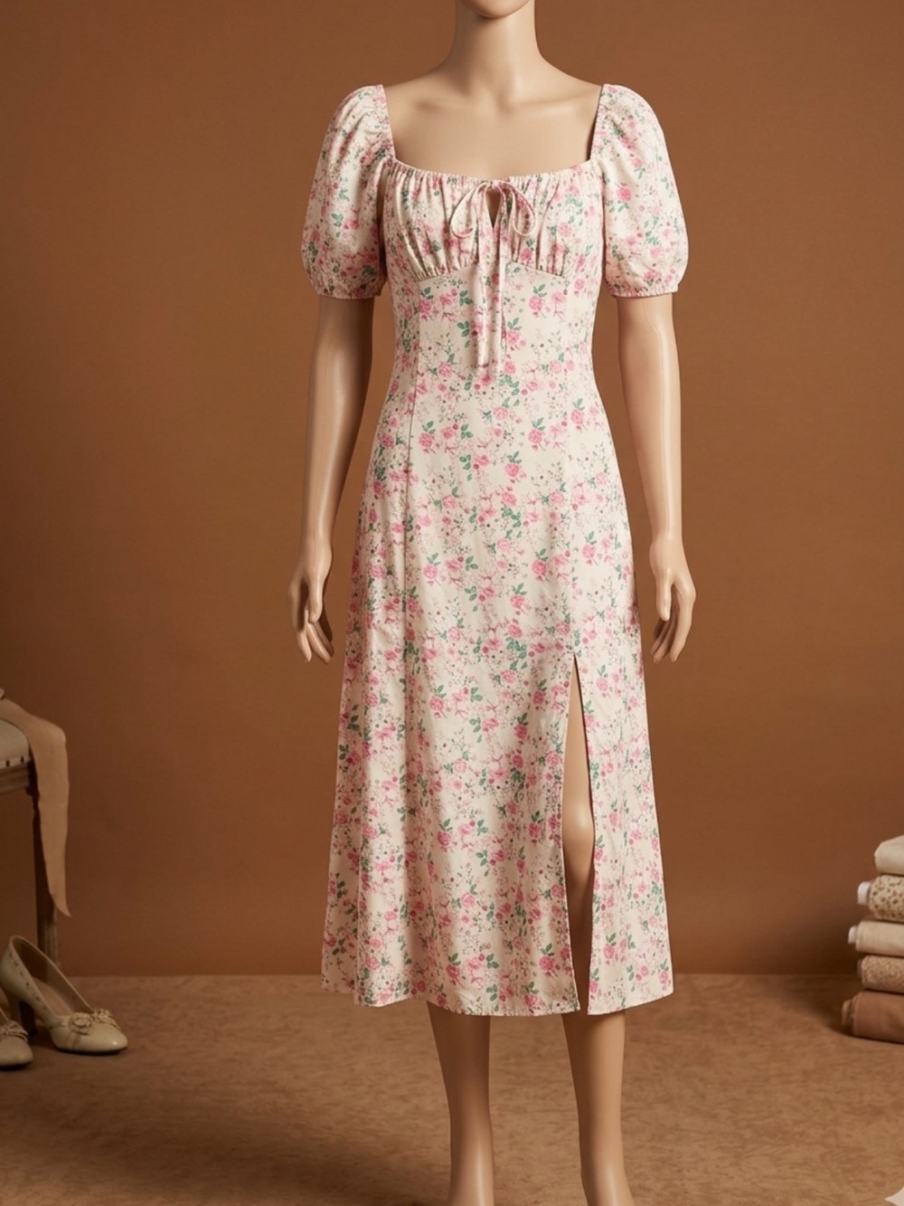 Floral Puff-Sleeve Midi Dress in Blush Pink